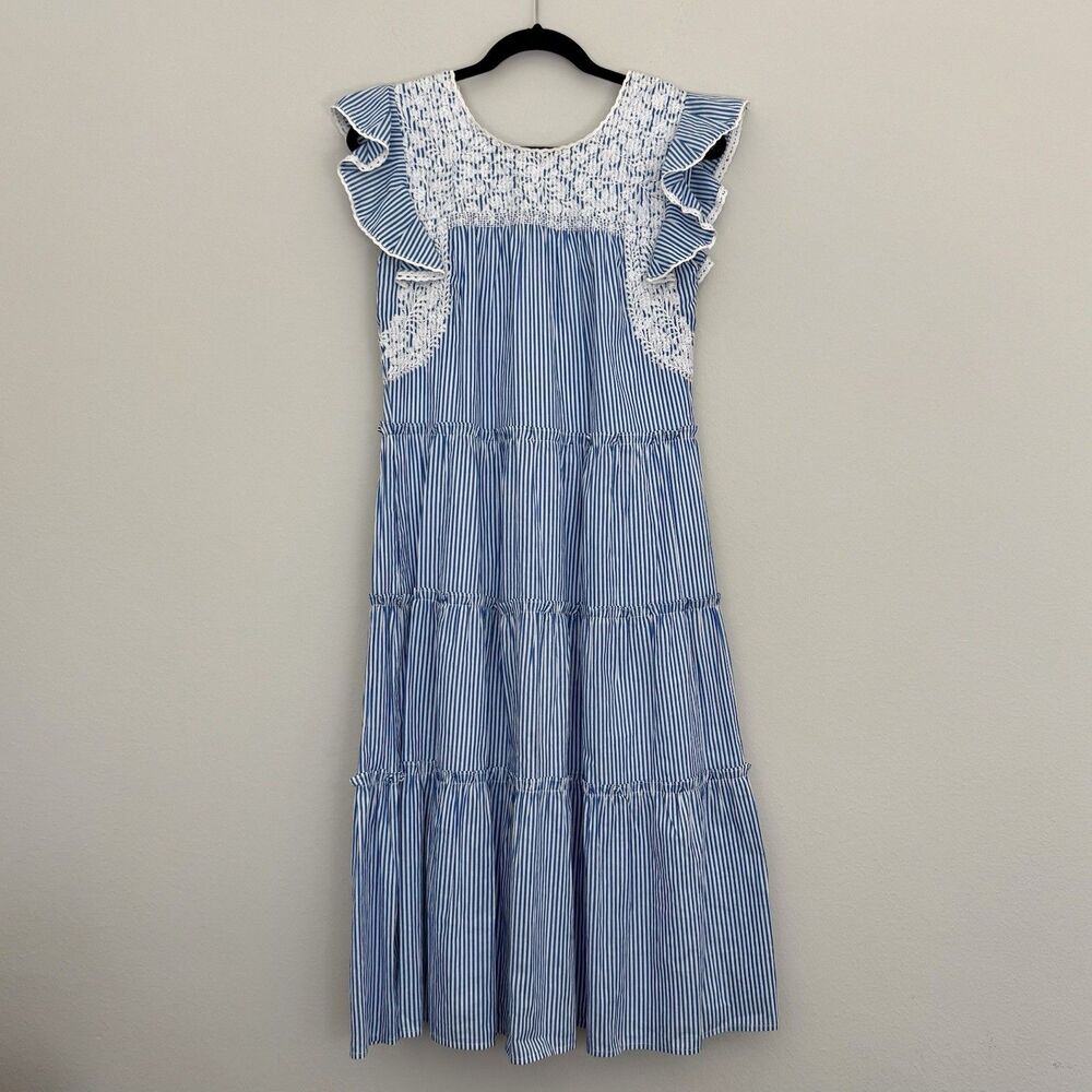Blue Striped Midi Dress with White Embroidered Yoke
